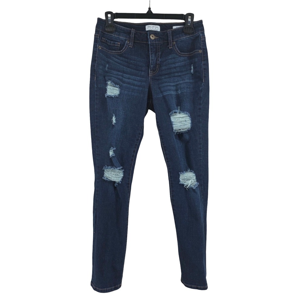 Sofia Vergara Jeans Womens 0 Bagi Boyfriend Mid Rise Distressed Dark Wash Blue